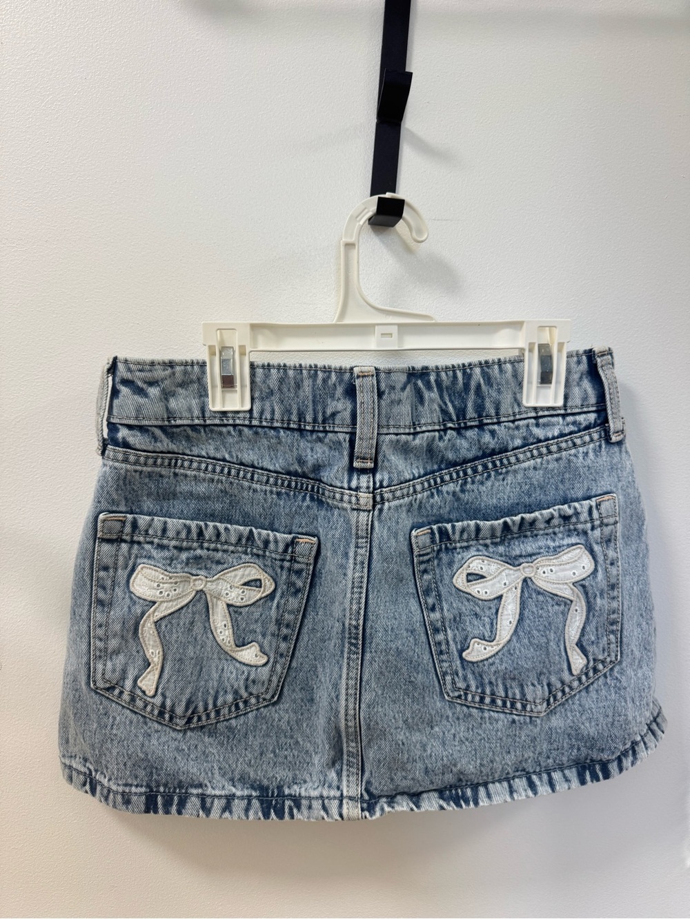 Hollister Light Blue Denim Mini Skort with Bow Pocket Appliqués